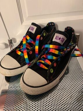 Womens Black Canvas Sneakers with Rainbow Laces